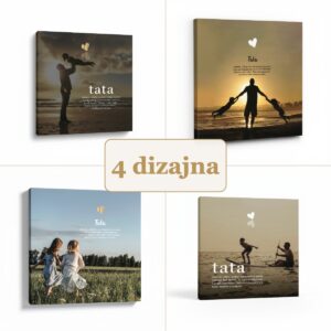 Citat na platnu Tata -zaštitnik, učitelj i poticaj... – 4 dizajna: Tata podiže dijete, Šetnja u zalasku, Livada, Igra na plaži